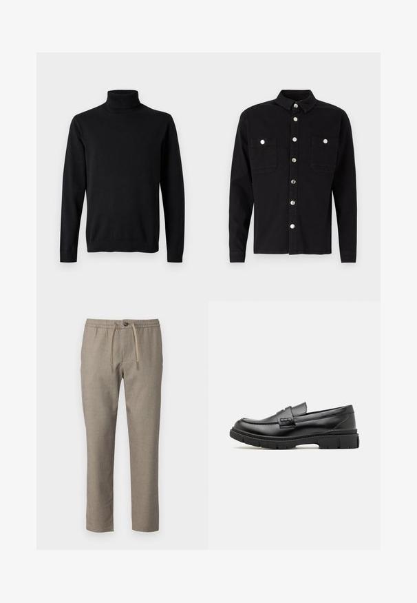 Zwarte coltrui met lange mouwen, geribde kraag, manchetten en zoom op een effen lichtgrijze achtergrond.; Denim Project DPMDPLOOSE OVERSIZED DENIM SHIRT - Overhemd - black washed; Beige broek met een elastische tailleband, trekkoordsluiting en een rechte pasvorm. Materiaal heeft een subtiele textuur.; Zwarte leren instapper met een brede band over de voet, rubberen zool met dikke noppen en een gladde textuur. Klassiek, strak ontwerp.