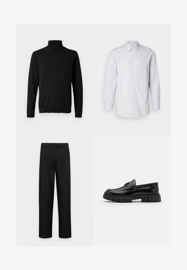 Jersey negro de manga larga con cuello alto, con cuello, puños y bajo acanalados, sobre fondo gris claro liso.; Camisa de botones a rayas con rayas verticales gris y blancas, mangas largas, cuello y un bolsillo en el pecho. Textura de tela suave.; Pantalones negros de tela suave, con un diseño de pierna recta, dos pliegues frontales y una cintura estándar con trabillas para el cinturón.; Mocasines de cuero negro con suelas de goma gruesas y estriadas. Presentan una puntera redondeada y una correa decorativa con un acento de logo. Textura lisa.