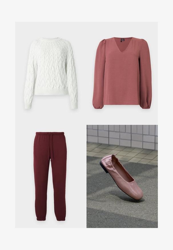Hvid kabelstrikket sweater med lange ærmer, rund hals og ribbede manchetter. Blød tekstur med et fremhævet mønster over hele kroppen.; Langærmet bluse i støvet rosa med V-hals, pufærmer og elastiske manchetter, vist mod en ensfarvet lys baggrund.; Bordeaux joggingbukser med elastisk talje, snor, sidelommer og elastiske manchetter mod en ensfarvet hvid baggrund.; Lyserød flad lædersko med elastisk hælkappe svævende over grå asfaltbund, flisevæg i baggrunden.