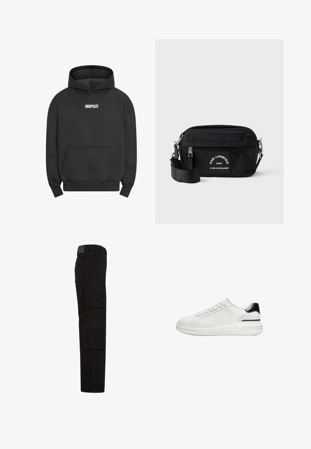 Hoodie noir avec une poche kangourou, des poignets et un ourlet côtelés, arborant "DROPSIZE" brodé en blanc sur le haut de la poitrine. Coupe standard.; Pantalon cargo noir avec plusieurs grandes poches à rabat, passants de ceinture, et une coupe droite, vu de côté.; Basket basses blanches avec lacets à l’avant et détail noir au talon sur une semelle épaisse, vues de côté sur fond blanc.; Sac en nylon noir à bandoulière avec fermeture éclair, sangle ajustable et un patch de marque blanc arborant "Karl Lagerfeld Paris". Design compact.