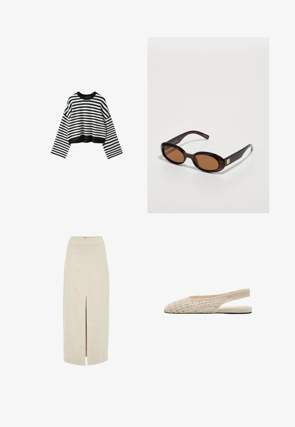Schwarz-weiß gestreifter, kurz geschnittener Pullover mit langen Ärmeln, Rundhalsausschnitt und weiten Ärmeln.; Helle beige Midi-Rock mit geradem Schnitt und einem mittigen vorderen Schlitz. Aus einem glatten Stoff mit einem verdeckten Reißverschluss auf der Rückseite gefertigt.; Beiger flacher Slingback-Schuh mit gewebtem Obermaterial und spitzer Schuhspitze, mit offener Ferse und dünner Sohle.; Braune Schildpatt-Sonnenbrille mit ovalen Gläsern, ausgestattet mit einem dünnen Rahmen und einem kleinen metallischen Akzent an der Seite. Texturierte und polierte Oberfläche.