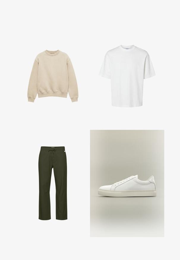 Beige Sweatshirt mit Rundhalsausschnitt, langen Ärmeln sowie gerippten Bündchen und Saum, abgebildet auf weißem Hintergrund.; Schlichtes weißes T-Shirt mit kurzen Ärmeln, Rundhalsausschnitt und lockerem Schnitt, abgebildet auf weißem Hintergrund.; Olivegrüne Hose mit Kordelzugbund, geradem Bein, weicher Stoffstruktur und einem dezenten Logotag vorne.; Weißer Sneaker mit niedrigem Schaft, vorn mit Schnürung und dicker Sohle, aus der Seitenansicht vor neutralem Hintergrund.