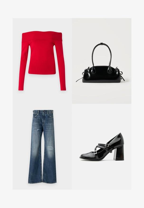 Rød off-the-shoulder langærmet top lavet af ribbet stof. Tætsiddende design med en bred krave og glat tekstur.; Bredde ben denim jeans i mørkeblå, med et distressed design med revnede lapper og subtilt falmende. Klassisk fem-lomme stil.; Skinnende sort Mary Jane-stilet med tre spænder og en kraftig blokhæl, vist i sideprofil mod en hvid baggrund.; Lille sort blank håndtaske med to lange håndtag og snøre-detaljer i siden på en ensfarvet lys baggrund.