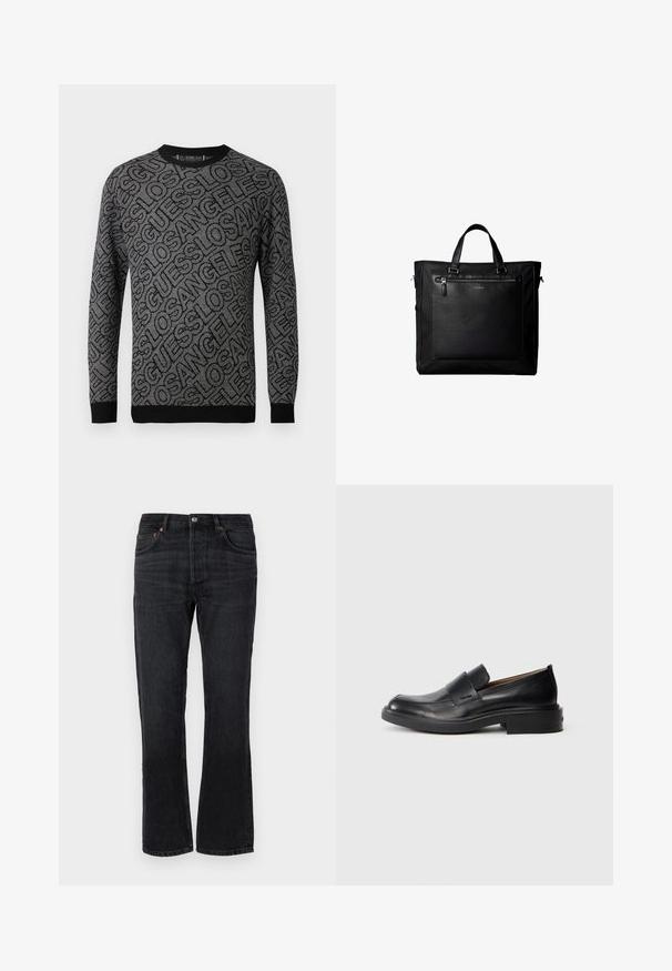 Schwarzer und grauer gestrickter Pullover mit einem Allover-Muster des Wortes "LOS ANGELES". Rippbündchen an den Ärmeln und am Halsausschnitt betonen das Design.; Schwarze Jeans aus Denim mit geradem Schnitt, fünf Taschen und orangen Nähten. Glatte Textur und minimale Ausbleichungen.; Schwarze Leder-Pantoletten mit niedrigem Absatz und dezentem Calvin Klein-Logo an der Seite, im Profil vor einem weißen Hintergrund dargestellt.; Schwarze Tragetasche mit Doppelgriffen, großer vorderer Ledertasche mit Reißverschluss und dezentem Calvin Klein-Logo in der Mitte der Tasche.