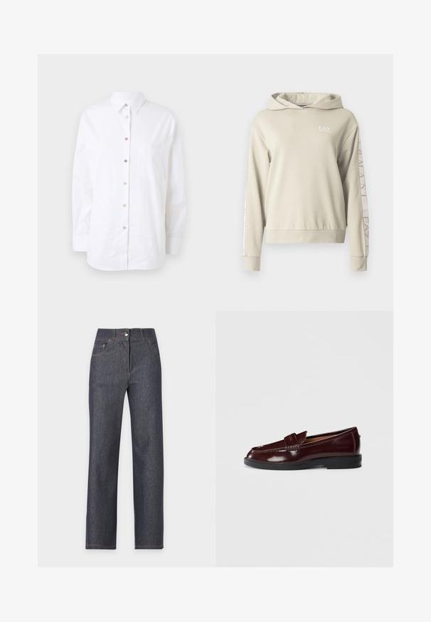 Sweat à capuche beige clair avec une finition texturée, arborant le logo EA7 sur la poitrine et un marquage le long des manches.; Chemise blanche à manches longues en coton. Elle possède un devant à boutons avec des boutons colorés, une poche poitrine et un col classique.; Jean denim bleu foncé coupe droite avec fermeture avant par bouton et zip et coutures orange visibles.; Mocassin en cuir bourgogne foncé avec une semelle noire, détail de bande de penny et un petit talon, présenté de l'extérieur sur fond blanc.