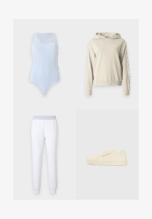 Sweat à capuche beige clair avec une finition texturée, arborant le logo EA7 sur la poitrine et un marquage le long des manches.; Justaucorps de sport bleu clair sans manches avec dos nageur et petit logo blanc EA7 sur le haut du côté gauche de la poitrine.; Pantalon de survêtement blanc avec une ceinture élastique rayée bleue. Coupe fuselée, texture douce et poignets côtelés pour un ajustement confortable.; Baskets à enfiler crème avec une texture lisse, présentant un accent de logo surélevé et un design minimaliste. Semelle en caoutchouc épaisse pour un bon maintien.