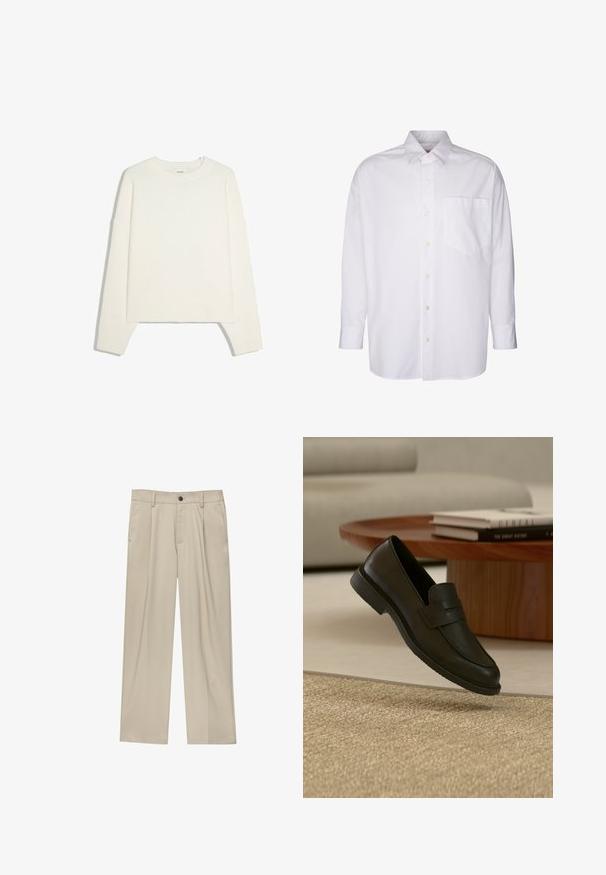 Pull blanc à manches longues avec col rond, poignets et bas côtelés, posé à plat sur un fond blanc.; Chemise blanche à manches longues en coton ; elle possède un devant à boutons, un col pointu et une poche sur la poitrine. Texture lisse, sans motifs.; Pantalon beige à coupe droite, doté d'un seul bouton noir, de passants de ceinture et de poches latérales. Texture de tissu lisse et design minimaliste.; Chaussure mocassin en cuir noir présentée en suspension au-dessus d'un tapis beige tissé, avec une table en bois et des livres empilés dans un salon doucement éclairé.
