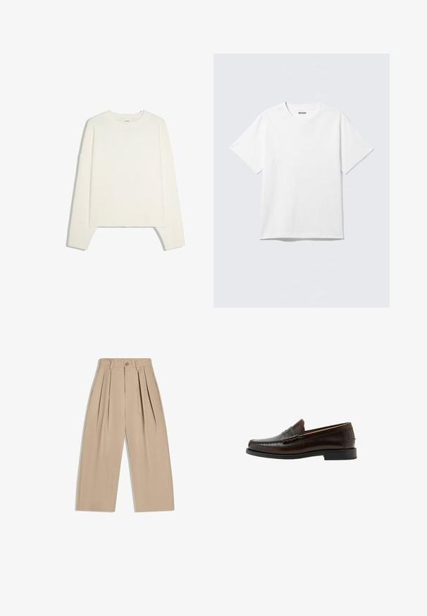 Pull blanc à manches longues avec col rond, poignets et bas côtelés, posé à plat sur un fond blanc.; T-shirt blanc à manches courtes et col rond, étalé à plat, design uni, avec l'étiquette "WEEKDAY" à l'intérieur du col sur un fond clair.; Pantalon beige taille haute à jambes larges avec plis, passants pour ceinture et fermeture à bouton à l'avant.; Mocassin penny en cuir marron foncé avec bout moc cousu, talon bas et finition lisse, présenté de profil sur fond blanc.