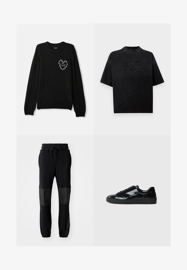 Sort sweater med rund hals, lange ærmer og et hvidt broderet hjerte-design pyntet med pigtråd og ordet "KÆRLIGHED."; Sort oversized t-shirt med korte ærmer og rund halsudskæring med stort påsyet abstrakt design foran mod en ensfarvet hvid baggrund.; Svarte joggebukser med ribbet midjebånd, snøring og elastiske mansjetter. Har blanke svarte paneler på lårene med præget tekst.; Sorte laklæder sneakers med rund tå, snørredesign, tekstureret gummisål og en glat overflade.