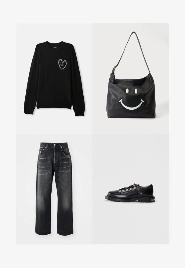 Schwarzer Pullover mit Rundhalsausschnitt, langen Ärmeln und einem weißen gestickten Herzdesign, das mit Stacheldraht und dem Wort "LOVE" akzentuiert ist.; Schwarze gerade Jeans mit verblassten Falten an den Oberschenkeln, Vorderknopf, Reißverschluss und Fünf-Taschen-Design.; Schwarzer Leder-Schnürschuh mit niedrigem Schnitt, dicker Sohle, Metallösen, dekorativen silbernen Charms an den Schnürsenkeln und strukturiertem Profil auf der Sohle.; Schwarze Leder-Schultertasche mit langem Riemen und weißem Smiley-Design auf der Vorderseite vor hellem Hintergrund.