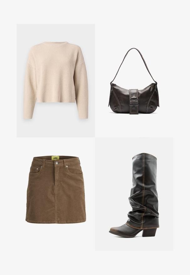 Beige strikket sweater med rund halsudskæring, lange ærmer og en afslappet pasform. Har ribbet struktur og en cropped kant.; Brun fløjlsnederdel med frontknapper og lynlås, bæltestropper og forlommer, med gul JJXX-mærkat indeni linningen.; Høj sort læder slouchy støvle med brune accenter, spids tå og stabelhæle mod en ensfarvet hvid baggrund.; Brun læder skuldertaske med en buet form, der har et fremtrædende spænde, kontrasterende syninger og en enkelt skulderrem.