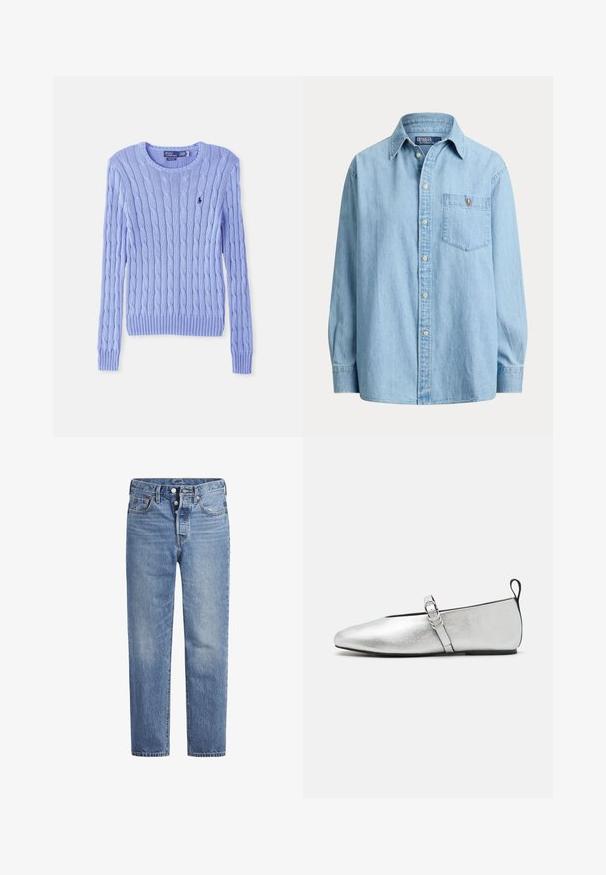 Pull en tricot bleu clair avec motif en relief, poignets et ourlet côtelés. Présente un petit logo sur la poitrine. Encolure ronde classique.; Chemise en denim bleu clair à manches longues avec boutons sur le devant et poche poitrine avec un petit logo brodé sur la poche.; Jeans en denim bleu clair avec une coupe droite, un design à cinq poches et un bouton pression. Présentent une légère décoloration et des coutures orange en accent.; rag & bone SPIRE MARY JANE - Babies - silver
