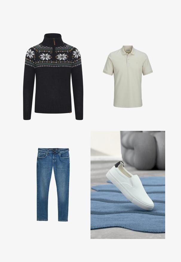Marineblauwe gebreide trui met een ritskraag. Beschikt over een gebreide schouderpartij met witte sneeuwvlokken, groene, gele en witte accenten. Geribbelde manchetten en zoom.; Beige polo shirt met korte mouwen in een gestructureerde brei-stof. Heeft een knoopsluiting met twee knopen en een klein logo op de linker borst.; Blauwe spijkerbroek met een rechte pijp, vijf zakken, subtiele wassing op de bovenbenen en een taillebandlabel dat maat 31/32 aangeeft.; Witte instapschoen met een gestructureerd oppervlak, contrasterende zwarte hiel, platte rubberen zool en gestroomlijnd ontwerp, geplaatst op een blauw tapijt.
