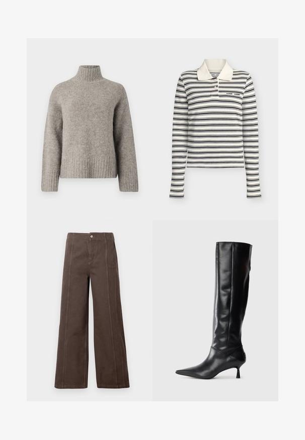 Helehall turtleneck-sviiter, mis on valmistatud pehmest ja tekstureeritud kangast. Omab ribakäiseid ja -ääri, lahedat istuvust ning minimalistlikku disaini.; Valge pika varrukaga polo särk mustade horisontaalsete triipudega ja kahe nupuga krae juures.; Pruunid laiad püksid, mis on valmistatud siledast kangast, esipaneeli õmblustega ja ühekordse metallnupuga, mis kinnitab vöökohta.; Must musta kõrge saabas terava ninaga ja sihvakate kaartega kontsadega. Sile tekstuur, keha vastav disain ja nähtava riistvarata või mustriteta.