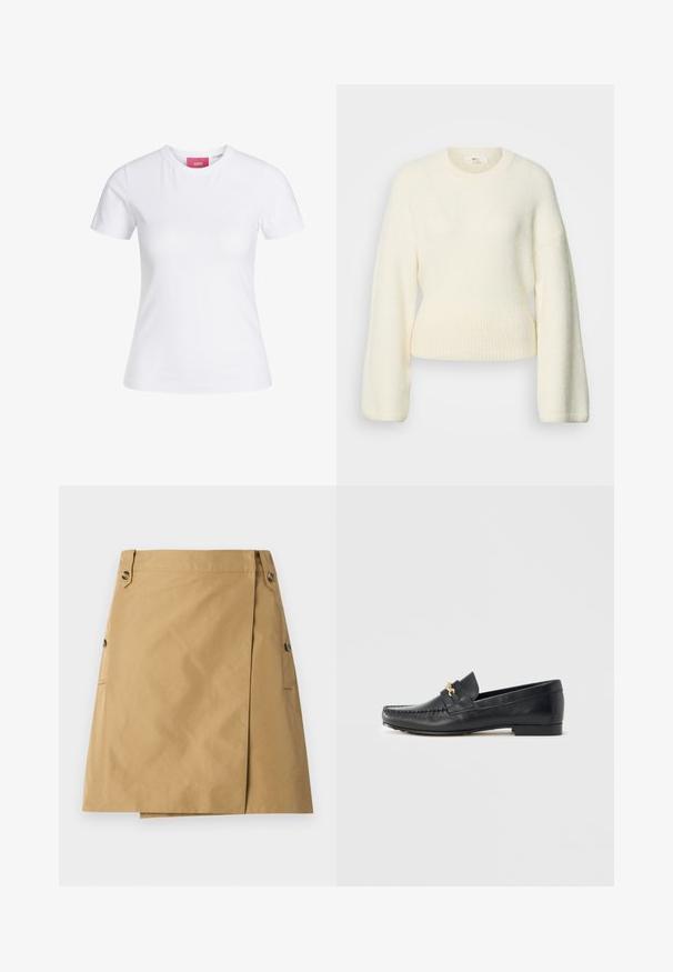 Kremfarvet, langærmet strikket sweater med ribbet linning og rund hals, vist på hvid baggrund.; Hvid slimfit t-shirt med korte ærmer og rund halsudskæring med en lyserød JJXX-label indeni kraven, vist mod en ensfarvet baggrund.; Tan nederdel lavet af et glat stof med et frontoverlap, der har to sidelommer og to knapper i taljen.; Sort læderloafer med dekorativt guldhardware, syningsdetaljer, en let spids tå og en flad, minimalistisk sål.
