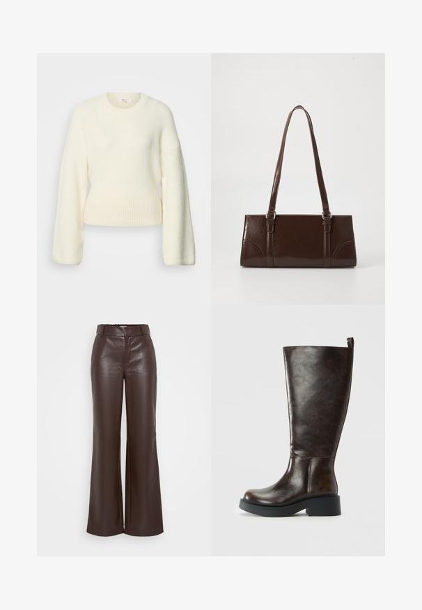 Pull tricoté crème à manches longues avec une taille côtelée et un col rond, présenté sur un fond blanc.; ONLY Tall ONLSMOOTH WIDE - Pantalon classique - seal brown; Botte en cuir marron foncé, haute jusqu'au genou, avec bout arrondi, semelle épaisse noire, petit talon bloc et une languette au dos en haut.; Sac à main en cuir verni marron de forme rectangulaire, avec deux longues poignées et des accents courbés subtils à l'avant.