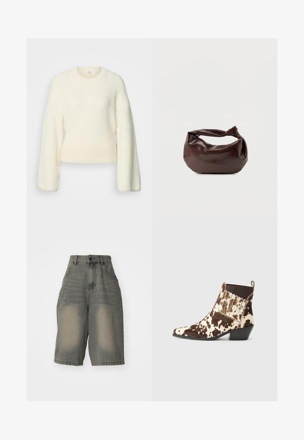 Roomkleurige, gebreide trui met lange mouwen, een geribbelde tailleband en een ronde hals, weergegeven op een witte achtergrond.; Jaded London LIGHT WASH JUMBO JORTS - Jeansshort - light wash; Cowboystijl enkelbotten gemaakt van bruin en crèmekleurig vacht, met een spitse neus, lage hak en ribbelaccent aan de zijkanten.; Donkerbruine leren schoudertas met een zachte, slungelige vorm en een gedraaide knoopvormige handgreep op een effen witte achtergrond.