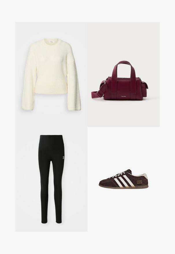 Cremefarbener, langärmeliger Strickpullover mit geripptem Bund und rundem Ausschnitt, dargestellt vor weißem Hintergrund.; Schwarze Leggings aus dehnbarem Material mit hohem Bund, ausgestattet mit einem kleinen weißen Adidas-Logo am linken Bein. Glatte Textur.; Braune Wildleder-Sneaker mit drei weißen Streifen, Gummisohle und Textlabel "Gazelle" in Gold. Schnürdesign mit grauen Schnürsenkeln.; Burgunderfarbene Lederhandtasche mit doppelten kurzen Griffen und einem abnehmbaren Schultergurt. Sie verfügt über einen Reißverschluss und ein dezentes Logo-Detail auf der Vorderseite.