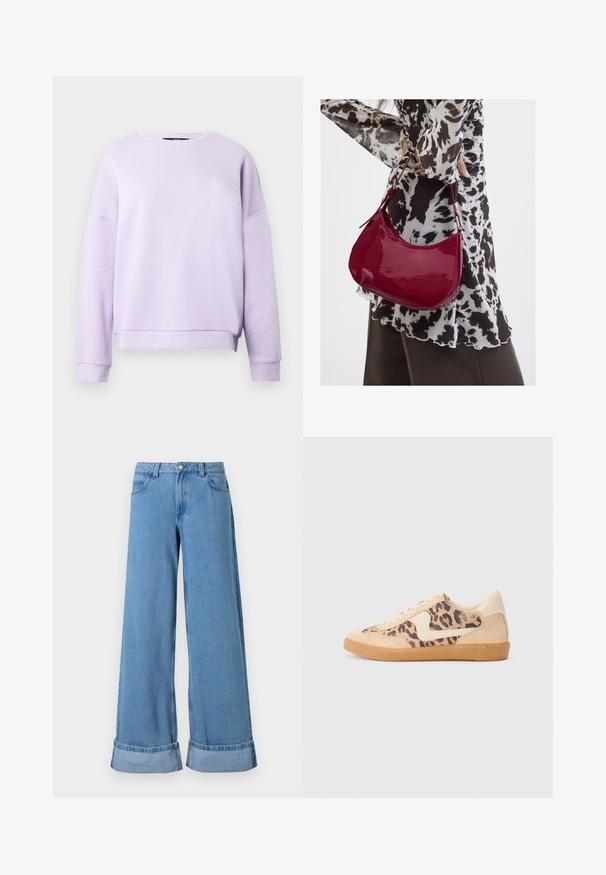 Lyse lilla crewneck sweatshirt med lange ærmer og ribbede manchetter og kant, vist på en ensartet lys baggrund.; Lyseblå denim bukser med vide ben har høj talje, optrillede nederkanter, fem lommer og en knaplukning med lynlås.; Leopardprint sneakers med beige ruskindsoverdel, tan gummisål og hvide detaljer. Rund pegefinger og snørebåndsdesign med en tekstureret finish.; Kvinde iført en sort- og hvidmønstret bluse, der holder en blank rød skuldertaske mod en ensfarvet baggrund.