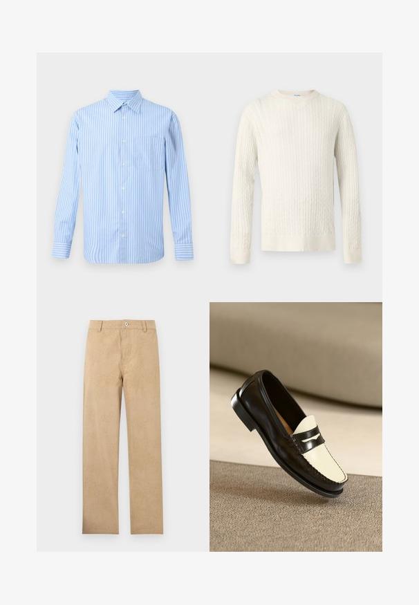 Cremefarvet kabelstrikket sweater med lange ærmer og rund hals, med tekstureret mønster over hele stoffet.; Lyseblå og hvid stribet langærmet skjorte med knaplukning og en enkelt brystlomme. Simpel, klassisk design på en neutral baggrund.; Beige bukser med lige ben, subtilet tekstureret mønster, knaplukning, bæltestropper og forlommer, lagt fladt på en hvid baggrund.; Sort læderloafer med en cremefarvet vamp og sorte accentstriber, som har en lav hæl og detaljeret syning langs kanterne.