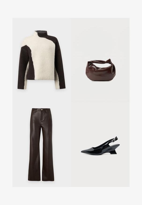Suéter de forro polar con un alto cuello, que presenta un diseño a bloques de color en marrón oscuro y crema, mostrando un acabado suave y texturizado.; Vero Moda Wide-leg VMTESSA High rise - Pantalones - chocolate torte; Zapato slingback de cuero charol negro con puntera puntiaguda y tacón bajo en bloque inclinado sobre fondo claro liso.; Bolso de hombro de cuero marrón oscuro con una forma suave y caída, y un asa con nudo torcido sobre un fondo blanco liso.