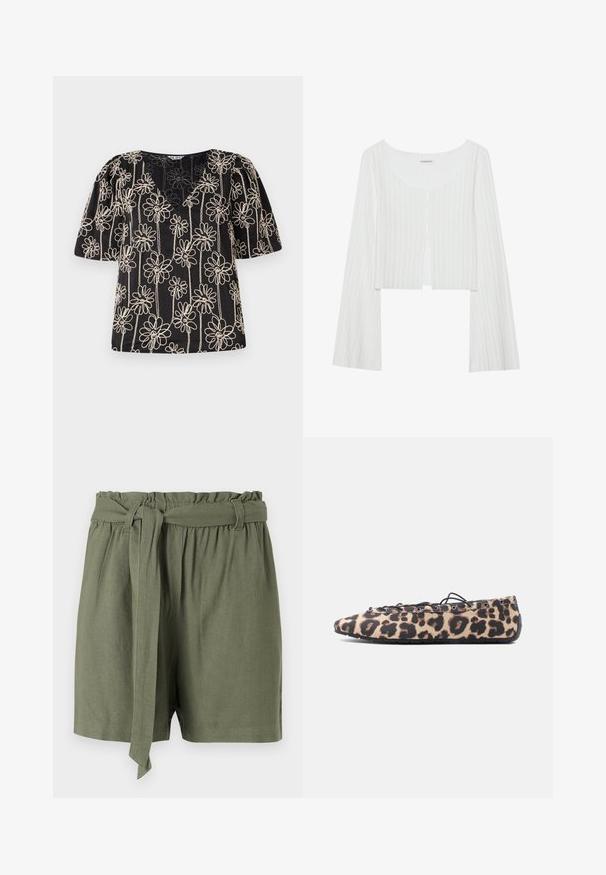 Top court blanc à côtes avec un col rond, des manches longues et une patte de boutonnage. Présente une légère texture et un détail d'ouverture à l'avant.; Haut noir avec des manches bouffantes, un col en V et une broderie de fleurs beige. Le motif floral est uniformément réparti sur le tissu.; Shorts vert olive en tissu léger, avec une taille haute, une ceinture élastique et un détail de ceinture à nouer pour un ajustement réglable.; Chaussure plate en tissu imprimé léopard, lacets noirs passant à travers des œillets en métal, et semelle en caoutchouc flexible sur fond blanc.