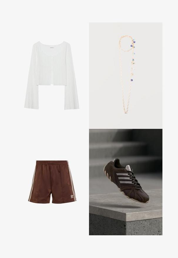 Weißes, geripptes, kurzes Oberteil mit rundem Ausschnitt, langen Ärmeln und Knopfleiste. Verfügt über eine leichte Textur und einen Schlitz vorne.; Braune Sportshorts aus glattem Stoff mit lockerer Passform, die weiße seitliche Streifen und ein besticktes Logo am unteren linken Saum aufweisen.; Dunkelbrauner Adidas-Sneaker mit Mesh-Obermaterial, drei weißen Streifen und profilierter Sohle, schwebend über einer Betonplattform mit verschwommenen Stufen im Hintergrund.; Goldene Halskette mit blauer böser Augenperle, Perle und goldenen Charm-Perlen, die entlang einer Seite auf einem einfarbigen Hintergrund angeordnet sind.