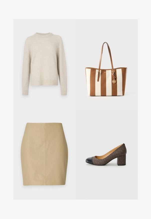 Beige striktrøje med rund hals, raglanærmer og ribbet kant. Blød tekstur med en let løs pasform og minimal mønster.; Beige læder mini nederdel med en tætsiddende design, glat tekstur og en central søm, der løber lodret ned ad ryggen.; Brun mønstret højhælet pumpe med en rund sort tåhætte og blokeret hæl, der har en glat læderlignende tekstur.; Brun og hvid vertikalt stribet shoppertaske med to brune læderhåndtag og et rundt guld MK-logo vedhæng, der hænger fra det ene håndtag.