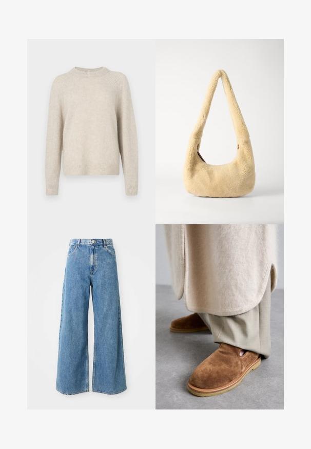 Beige striktrøje med rund hals, raglanærmer og ribbet kant. Blød tekstur med en let løs pasform og minimal mønster.; Højtaljede lyseblå brede denim jeans med frontknap, lynlås og forlommer på en hvid baggrund.; Brune ruskinds slip-on sko med rund tå, gummisul, og detaljer med udskæring i siden, parret med lyse beige skræddersyede bukser.; Beige shearling skuldertaske med et buet håndtag og en afrundet form. Teksturen er blød og fyldig, med minimale hardware-details.