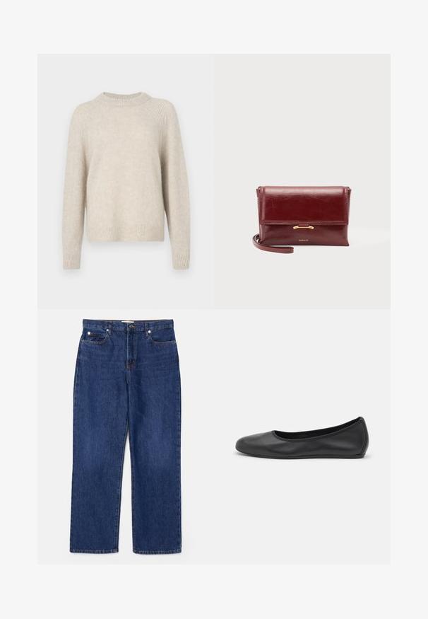 Pull en tricot beige avec un col rond, des manches raglan et un ourlet côtelé. Texture douce avec une coupe légèrement ample et un motif minimal.; Jean en denim bleu foncé avec une taille haute, une coupe droite, cinq poches et des détails en métal argenté. Présente un léger délavage et des coutures brodées.; Ballerines en cuir noir avec un bout rond, texture lisse, détails de couture minimalistes et design de semelle flexible.; Petit sac pochette en cuir bordeaux avec fermeture à rabat, accent doré et bracelet poignet, posé sur un fond uni.