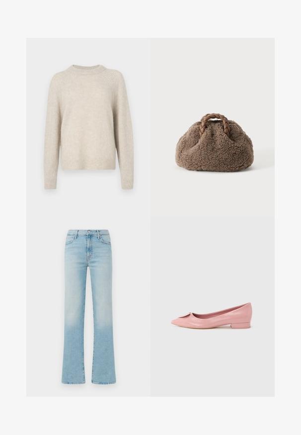 Beige gebreide trui met een ronde hals, raglanmouwen en geribbelde zoom. Zacht van textuur met een iets losse pasvorm en een minimaal patroon.; Lichtblauwe flared jeans van denim, met een hoge taille, een vijf-pocket ontwerp en een vervaagde afwerking voor een vintage effect.; Roze lakleren ballerina met een puntige neus, voorzien van een klein strikdetail op de wreef en een lage, vierkante hak.; Kleine bruine fuzzy handtas met gevlochten leren handvatten op een effen lichte achtergrond.