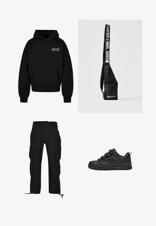 Schwarzer Kapuzenpullover aus weichem Material, mit einer Fronttasche, gerippten Bündchen und einem kleinen weißen Logo auf der Brust.; Schwarze Cargo-Hosen aus strapazierfähigem Material, mit mehreren Seitentaschen, lässiger Passform und verstellbaren Fußgelenkriemen.; Schwarzer Low-Top-Sneaker mit dicker Sohle, gepolstertem Kragen, Mesh-Einsätzen und kräftigen Schnürsenkeln, dargestellt vor weißem Hintergrund.; Schwarze Umhängetasche mit vorderer Reißverschlusstasche und verstellbarem Riemen, bedruckt mit "KARL LAGERFELD JEANS" in weißen Buchstaben.