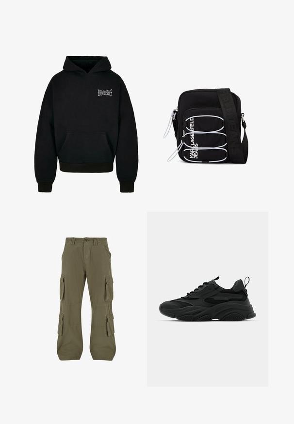 Sudadera con capucha negra hecha de tejido suave, que cuenta con un bolsillo frontal, puños acanalados y un pequeño logo blanco en el pecho.; Pantalones cargo en verde olivo. Fabricados en algodón, con múltiples bolsillos laterales, corte recto y detalles de costura visibles.; Zapatillas deportivas negras con una suela gruesa, paneles de malla y acentos de goma. Cuentan con una lengüeta en el talón y patrones texturizados.; Bolso bandolera negro con lazos elásticos blancos, tiradores de cremallera y texto blanco "KARL LAGERFELD JEANS" en el bolsillo delantero.