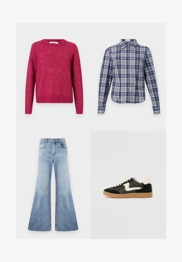 Suéter de manga larga con cuello redondo en tejido de punto de color rosa oscuro jaspeado, con puños y dobladillo acanalados, presentado sobre un fondo claro y liso.; Camisa de botón de manga larga a cuadros en azul y blanco con cuello y botones marrones, exhibida plana sobre un fondo blanco.; Vaqueros acampanados de mezclilla azul de talle alto con un lavado claro, que incluyen bolsillos delanteros cosidos y un detalle de botón de metal pulido.; Zapatillas de deporte de ante y cuero negro con un swoosh lateral en crema y un talón en crema claro. Presenta cordones beige y una suela de goma marrón.