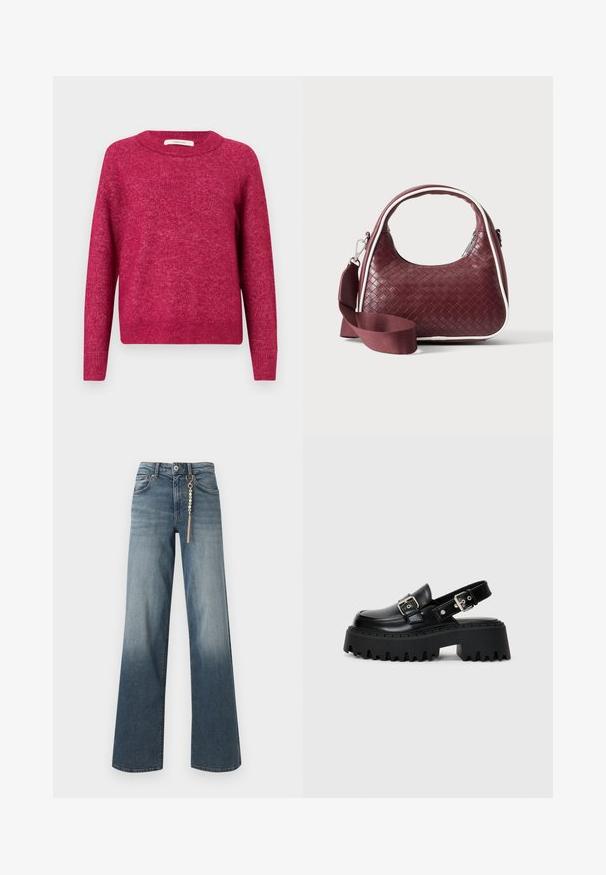 Langærmet sweater med rund hals i meleret mørk pink strikket stof med ribbede manchetter og kant, præsenteret mod en enkel lys baggrund.; Blå straight-leg denim jeans med falmet vask og en guldfarvet kæde med perler, der hænger fra det forreste bæltestrop.; Sorte platform sandaler lavet af skinnende læder, med en spænde rem og en tekstureret tyk sål med udtalte riller.; Mørkerød vævet lædertaske med buet hank, hvid kant, sølv lynlås og aftagelig bred stofskulderrem mod en ensfarvet baggrund.