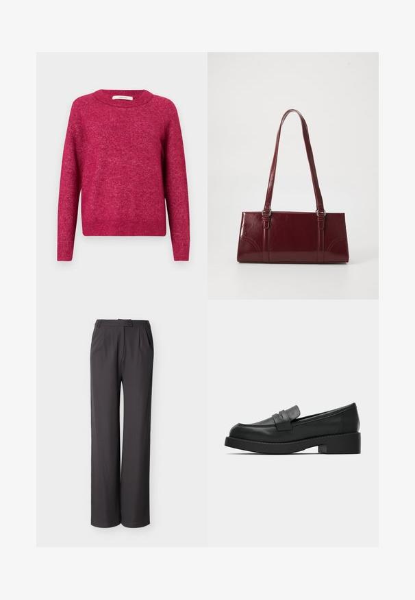Pull à manches longues, col rond, en tissu tricoté rose foncé chiné avec des poignets et un ourlet côtelés, présenté sur un fond clair uni.; Pantalon gris foncé taille haute à jambes larges, avec plis à l'avant, poches latérales, passants pour ceinture et fermeture par bouton à la taille.; Mocassins en cuir noir à texture lisse, bout arrondi et petit talon bloc. Ils comportent une bride sur le dessus pour un détail supplémentaire.; Sac à main bordeaux en matériau brillant, de forme rectangulaire, avec deux anses et des accents légèrement courbés à l'avant.