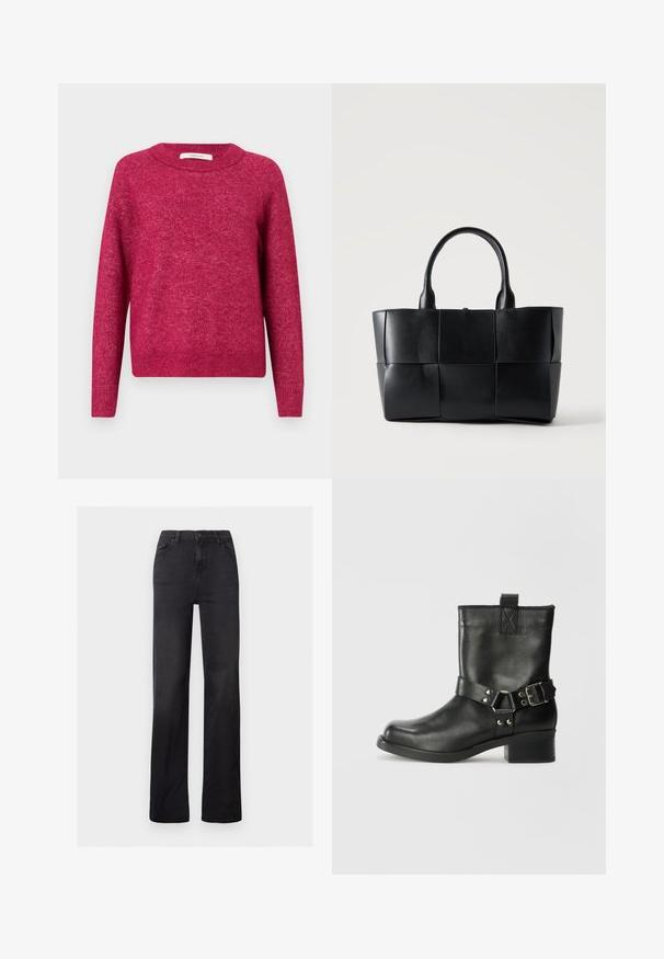 Lange mouwen, ronde halstrui in een gemêleerd donkere roze gebreide stof met geribbelde manchetten en zoom, weergegeven tegen een effen lichte achtergrond.; Zwarte denim recht gesneden jeans met een hoge taille, vijf-pocket ontwerp en zichtbare stiksels. Glad oppervlak met een licht vervaagde afwerking.; Samsøe Samsøe SABRENTA - Cowboy-/Bikerlaarsjes - black; Zwarte leren totebag met geweven grote vierkante panelen en twee afgeronde handvatten op een effen lichte achtergrond.
