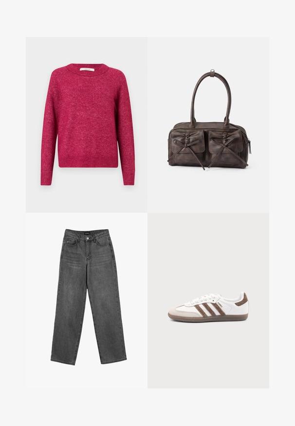Lange mouwen, ronde halstrui in een gemêleerd donkere roze gebreide stof met geribbelde manchetten en zoom, weergegeven tegen een effen lichte achtergrond.; Zwarte high-waisted straight-leg jeans met een knoop aan de voorkant en zakken, weergegeven op een witte achtergrond.; Witte Adidas Samba sneaker met bruine suède strepen, bruine rubberen zool en beige suède neuskap, getoond vanaf de buitenkant op een effen achtergrond.; Bruine leren handtas met twee voorzakken met strikjes, ronde handvatten en een ritsafsluiting. Gladde textuur met een subtiele glans.
