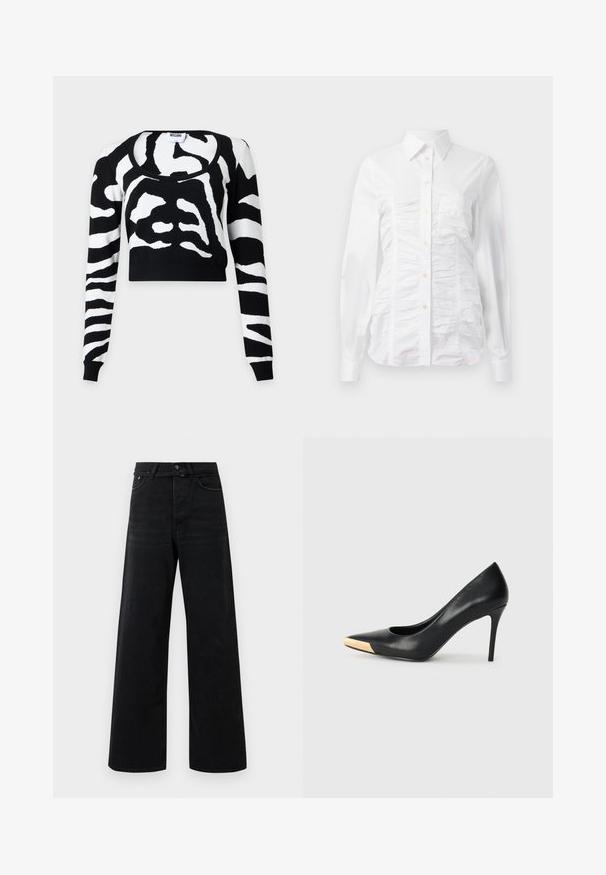 Schwarz-weißes Zebra-Muster Cropped-Pullover mit langen Ärmeln, rundem Ausschnitt und Moschino-Label innen im Kragen.; Weißes Hemd mit langen Ärmeln, das über eine geraffte Textur auf der Vorderseite, kleine goldene Knöpfe und einen klassischen Kragen verfügt.; Schwarze High-Waist-Jeans mit weit geschnittenem Bein, vorderem Knopf, Reißverschluss, Gürtelschlaufen und klassischem Fünf-Taschen-Stil.; Schwarzer Leder-Pumps mit hohen Absätzen und spitzem Zehenbereich; verfügt über einen metallisch goldenen Akzent auf der Zehenkappe. Glatte Oberfläche mit einem eleganten Design.