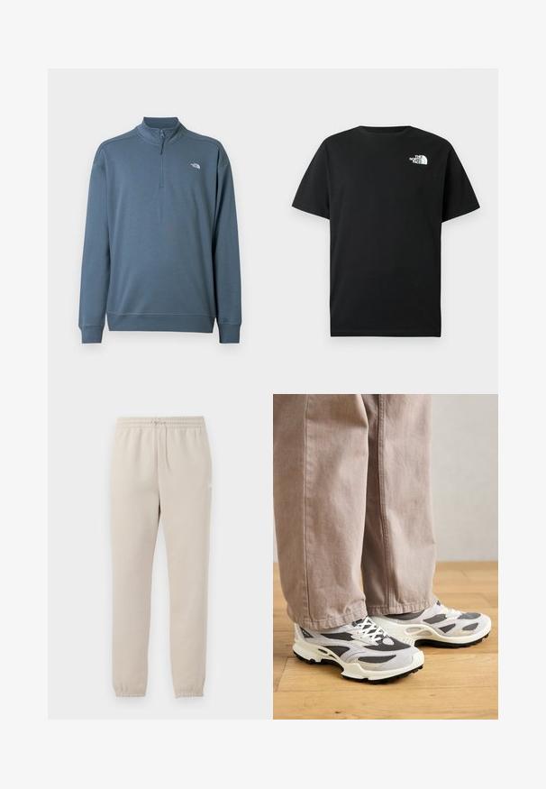 Blauwe trui met lange mouwen en een kwart ritssluiting, opstaande kraag en klein wit The North Face-logo op de linkerborst.; Zwart katoenen T-shirt met korte mouwen, ronde hals en wit logo op de linkerborst. Eenvoudig, onopgesmukt ontwerp.; Lichtbeige sweatpants gemaakt van zachte stof met een elastische tailleband, verstelbare trekkoord en taps toelopende manchetten bij de enkels.; Persoon in beige wijde broek en grijs-witte sport sneakers staat op houten vloer.