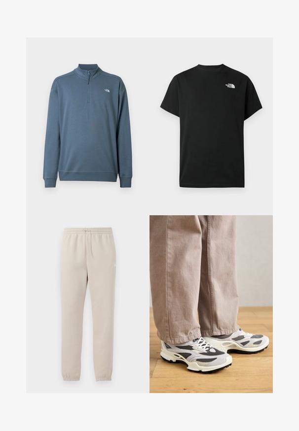 Blauwe trui met lange mouwen en een kwart ritssluiting, opstaande kraag en klein wit The North Face-logo op de linkerborst.; Zwart t-shirt met korte mouwen gemaakt van katoen. Voorzien van een wit logo op de linkerborst. Eenvoudige snit met een ronde halslijn en minimale ontwerpdetails.; Lichtbeige sweatpants gemaakt van zachte stof met een elastische tailleband, verstelbare trekkoord en taps toelopende manchetten bij de enkels.; Persoon in beige wijde broek en grijs-witte sport sneakers staat op houten vloer.