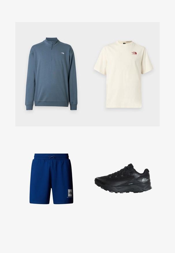 Jersey azul de manga larga con cremallera hasta el pecho, cuello alto y pequeño logo blanco de The North Face en el pecho izquierdo.; Camiseta de manga corta en color blanco roto con logo burdeos de "The North Face" en el pecho izquierdo, cuello redondo, diseño sencillo.; Pantalones cortos de algodón azul con cintura elástica y cordón. Cuenta con un parche de logo en la pierna izquierda. Textura suave, diseño hasta la rodilla.; Zapatilla deportiva negra con parte superior de malla transpirable, suela de goma, acentos texturizados y punta reforzada para mayor durabilidad.