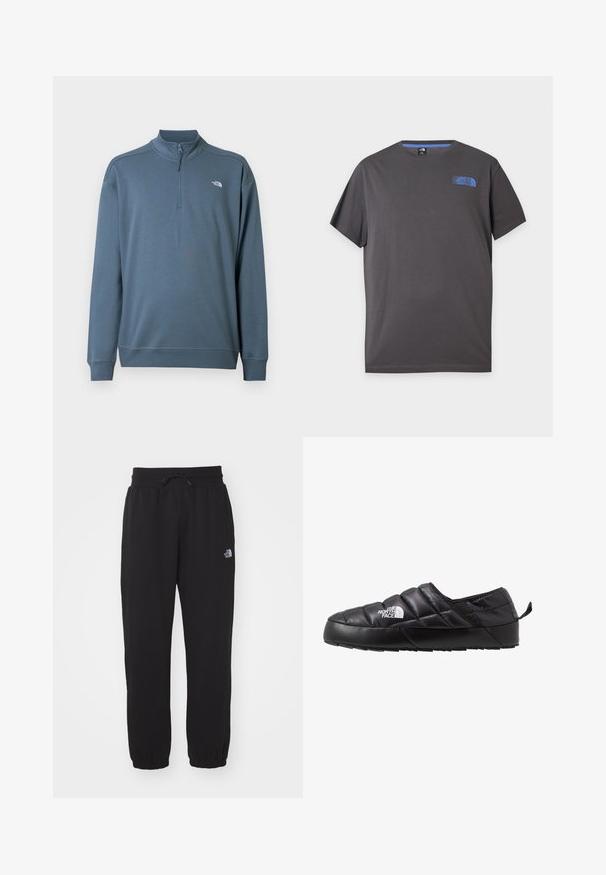 Sinine pikkade varrukatega neljandiku tõmblukuga pullover, seisev krae ja väike valge The North Face'i logo vasakul rinnal.; Tumehall lühikeste varrukatega ümmarguse kaelusega T-särk, millel on väike sinine The North Face'i logo vasaku ülemise rinna kohal, valgel taustal.; Mustad mustad, mis on valmistatud pehmest kangast, elastse vöökoha ja kinnitustrossiga, puhv-, pahkluuotsad ja väike logo ülemisel reitel.; Mustad must jalanõud, millel on tikandiga disain, valmistatud pehmest materjalist. Omab tekstureeritud kummist tallat ja väikest tõmblaba taga.