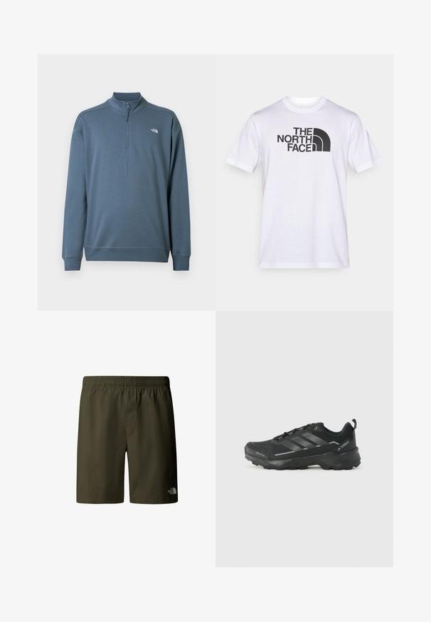 Blauwe trui met lange mouwen en een kwart ritssluiting, opstaande kraag en klein wit The North Face-logo op de linkerborst.; Wit katoenen T-shirt met een zwart logo van "THE NORTH FACE" en een gebogen designelement. Korte mouwen en een ronde hals.; Olivengroene cargo shorts met een elastische tailleband en trekkoord, met een klein logo aan de onderzijde rechts. Glad, lichtgewicht stof.; Zwarte sportschoen met een gestepeld stoffen bovenwerk, drie zilveren strepen, versterkte neus en een robuuste rubberen zool voor tractie.
