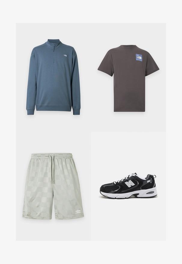 Blauer Langarm-Quarter-Zip-Pullover mit Stehkragen und kleinem weißen The North Face-Logo auf der linken Brust.; Dunkelgraues T-Shirt mit kurzen Ärmeln und kleinem blau-weißem The North Face-Logo auf der linken oberen Brustseite.; Umbro FOOTBALL SHORT - Jogginghose - harbor mist; Schwarze und graue Sportschuhe mit Obermaterial aus Mesh und Wildleder, ausgestattet mit einer weißen Zwischensohle, Schnürsenkeln und einem markanten "N"-Logo an der Seite.
