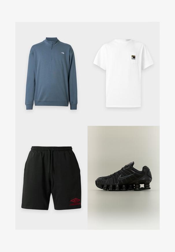 Pull bleu à manches longues avec fermeture éclair jusqu'au quart, col montant et petit logo blanc The North Face sur le côté gauche de la poitrine.; T-shirt en coton blanc à manches courtes avec une poche poitrine ornée d'un logo de montagne en noir et or. Design simple et épuré.; Shorts noirs à cordon de serrage avec poches latérales et logo Umbro rouge brodé sur la cuisse gauche.; Chaussure de course noire Nike avec semelle segmentée semblable à un ressort, dessus en mesh et logo Swoosh noir assorti sur le côté.