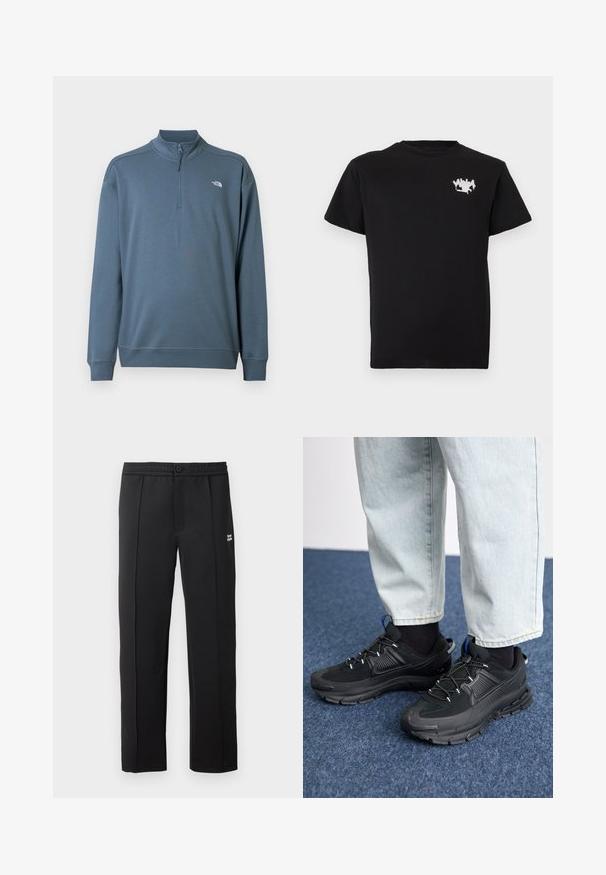 Modrý pulóver s dlhými rukávmi, štvrťzipsom, stojatým golierom a malým bielym logom The North Face na ľavej strane hrudníka.; Čierne tričko s krátkym rukávom s malou bielou graffiti grafikou na ľavej strane hrude.; Čierne nohavice z hladkej látky, s gombíkovým zapínaním, bočnými vreckami a malým logom na prednej strane. Strih s rovnými nohavicami.; Čierne športové topánky s textúrovanou tkaninou a gumovou podrážkou, so elastickými šnúrkami a modrým akcentom na päte. Nosia sa s svetlými riflami.