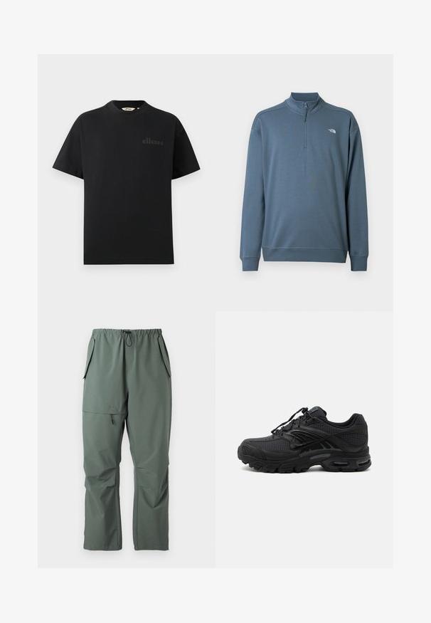 Modrý pulóver s dlhými rukávmi, štvrťzipsom, stojatým golierom a malým bielym logom The North Face na ľavej strane hrudníka.; Čierne bavlnené tričko so štandardným okrúhlym výstrihom a krátkymi rukávmi. Na hrudi má jemne vyrazené logo.; Zelené, ľahké nohavice s elastickým pásom, šnúrkou a viacerými vreckami. Hladká textúra s uvoľneným, voľným strihom.; Čierna atletická teniska s texturovanou tkaninou, hrubou polstrovanou podrážkou, odvetrávacími otvormi a šnurovaním, zobrazená z boku na svetlom pozadí.