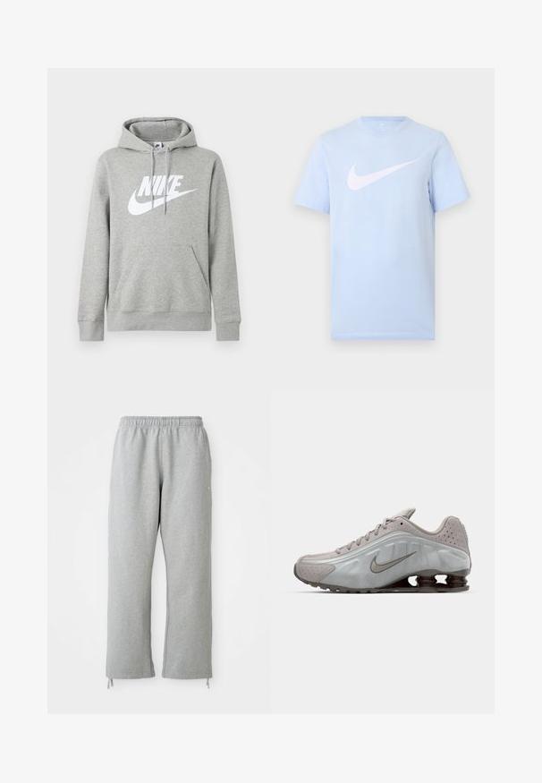 Grå hættetrøje med frontlomme, justerbar snøre på hætten og stort hvidt Nike-logo på brystet.; Lyseblå T-shirt med korte ærmer og en stor hvid Nike swoosh-logo midt på forsiden mod en ensfarvet baggrund.; Grå sweatpants med elastisk talje, lige ben og snoretræk ved kanten. Fremstillet af blødt, struktureret stof.; Nike løbesko i lysegrå med en glat tekstur, buet design og synlige støddæmpningsfjeder i mørkebrun ved hælen.