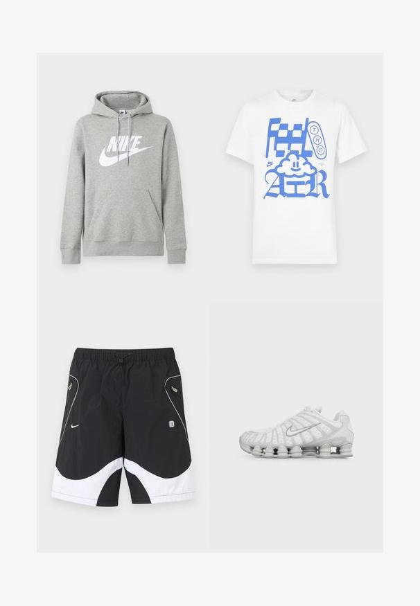 Sweat à capuche gris avec poche avant, capuche ajustable avec cordon et grand logo blanc Nike sur la poitrine.; T-shirt en coton blanc avec un graphique bleu audacieux affichant le texte "Feel THE AIR" et un dessin de nuage souriant. Manches courtes, col rond.; Shorts de sport Nike noir et blanc avec taille élastique, cordon de serrage, poches latérales zippées et garniture réfléchissante sur les panneaux avant.; Chaussure de running blanche Nike avec semelle à coussin d’air visible et logo swoosh argenté sur le côté, vue de l'extérieur.